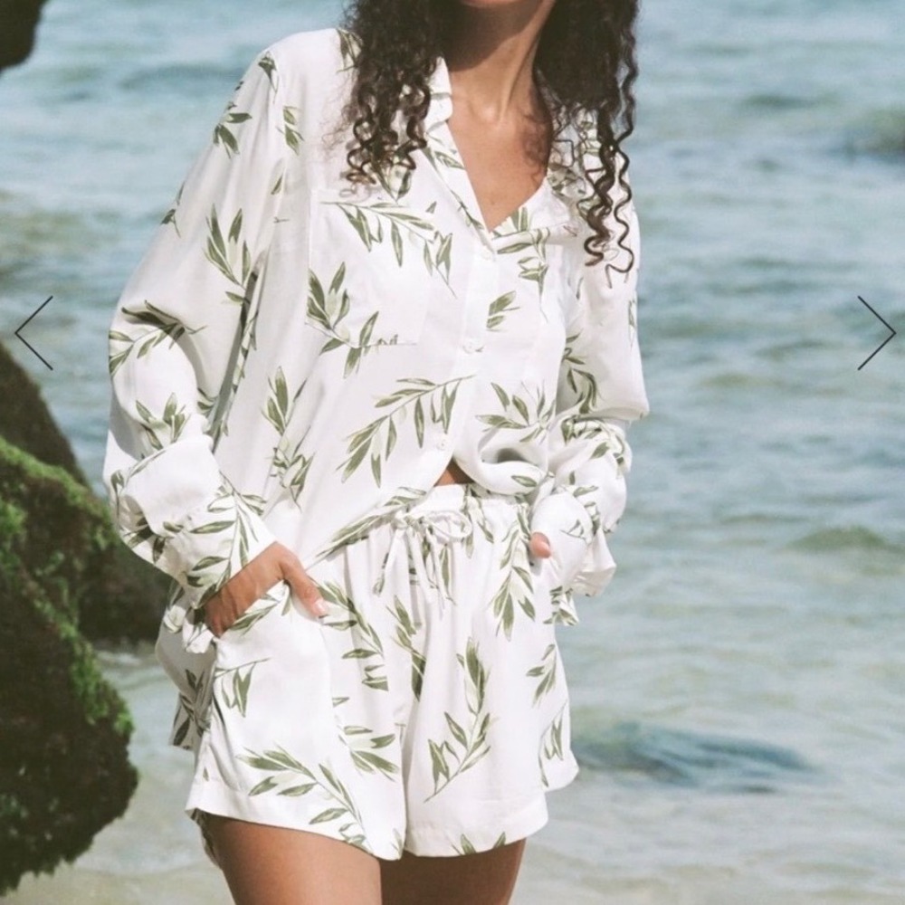 Piyama Marlon PJ Set Olive Leaf - Long Sleeve Top & Shorts - XS (2-4) NWT